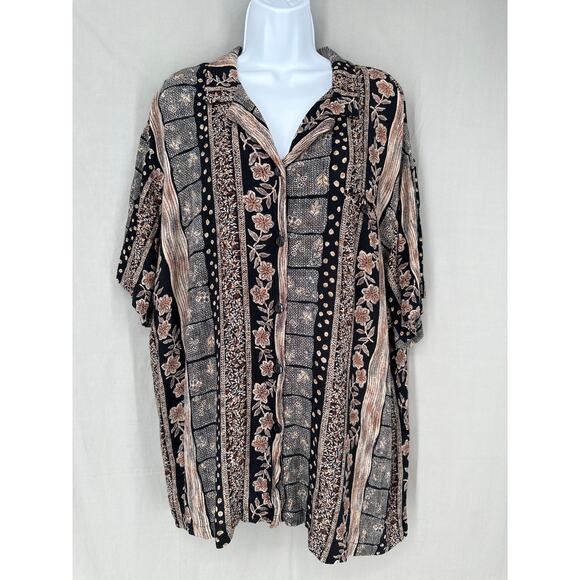 90s Vintage Top Womens 2X Black Brown Floral Button Short Sleeve Cottage Boho - Picture 1 of 6